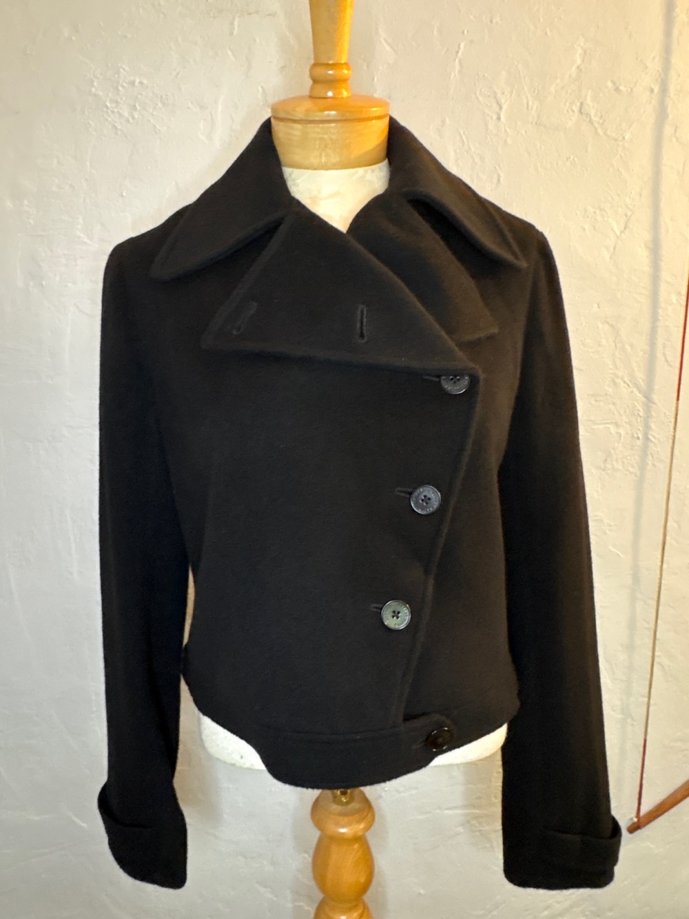 Ralph Lauren black wool angora cropped long sleeve pea coat preppy vintage